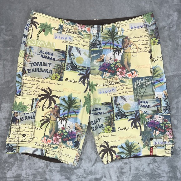 Tommy Bahama Relax Board Shorts Mens 36 Yellow Hula Hawaii Cargo Swim Trunks - Picture 1 of 9